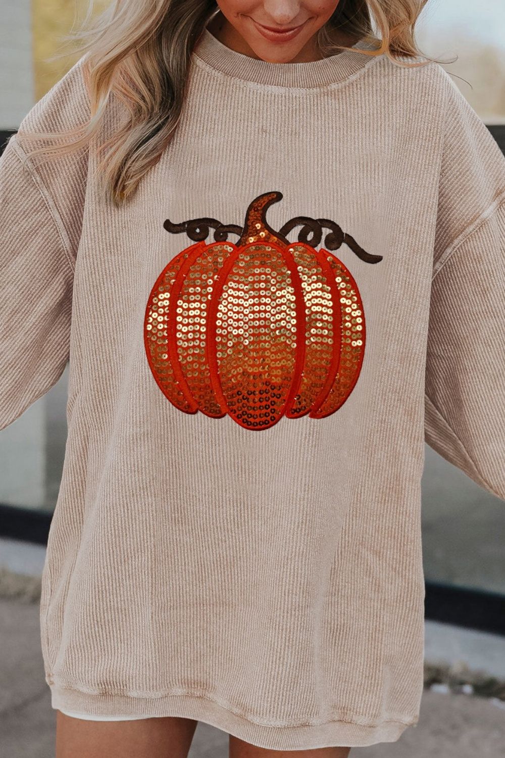 Sequin Pumpkin Round Neck Sweatshirt