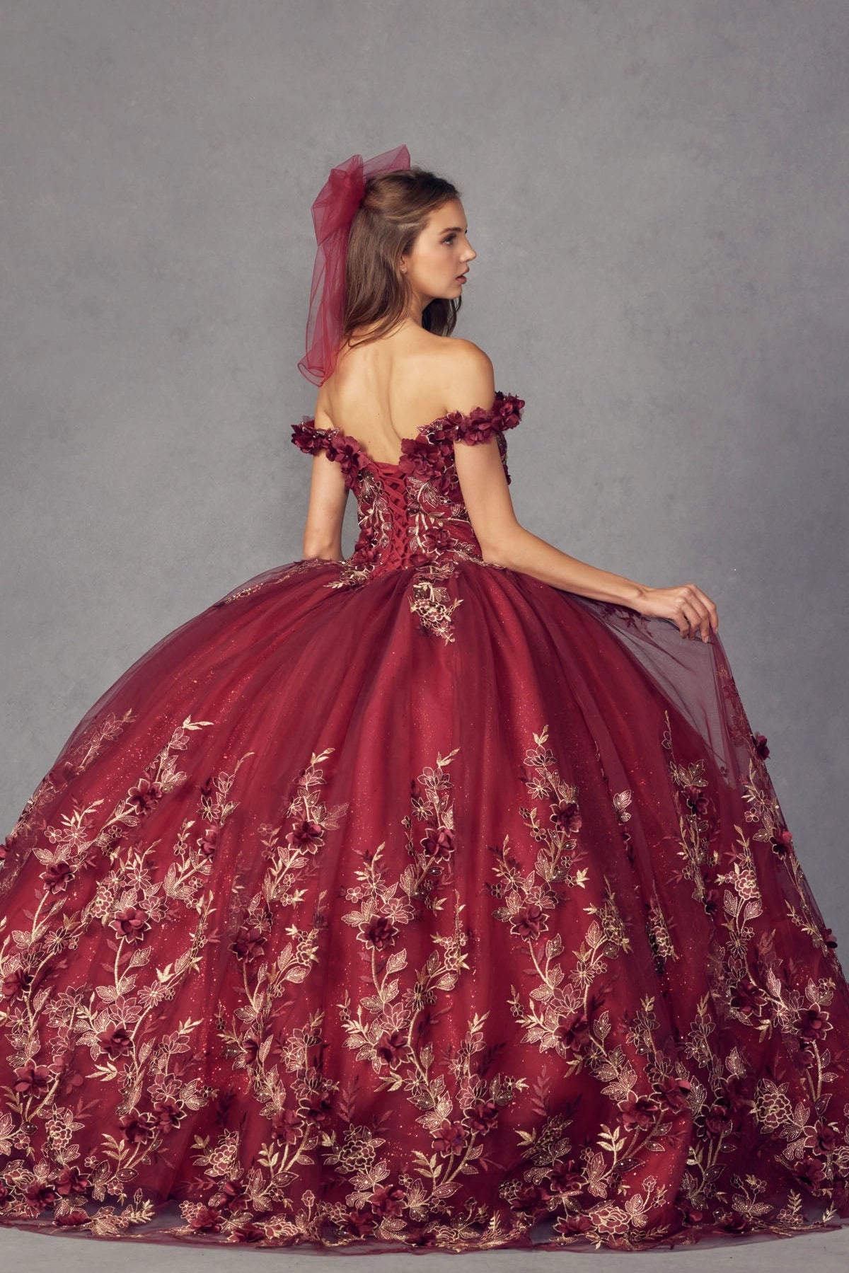 Lace Applique Off Shoulder Ball Quince Gown