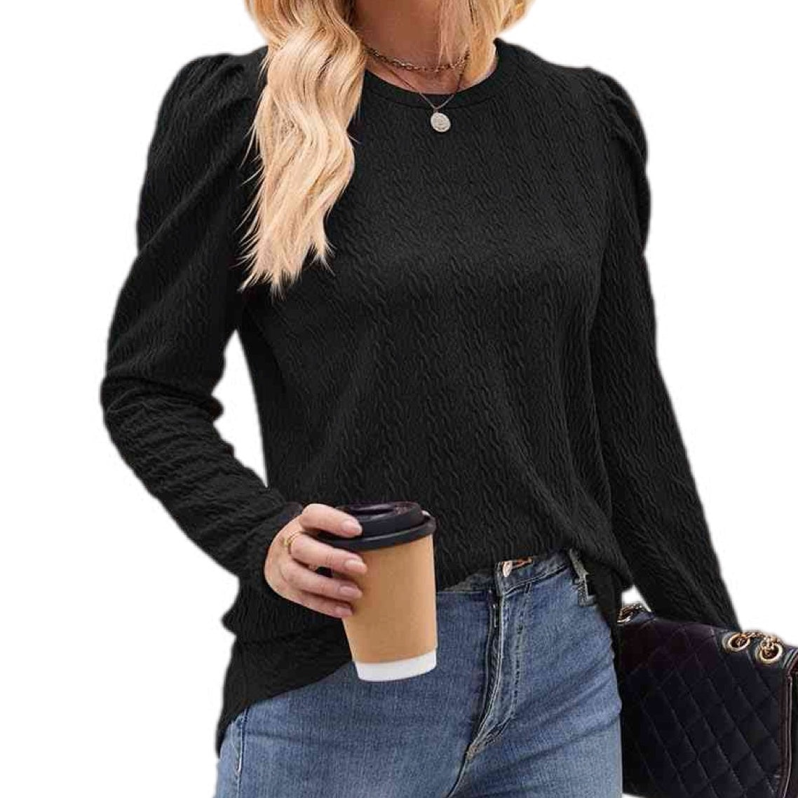 Chic Round Neck Puff Sleeve Blouse