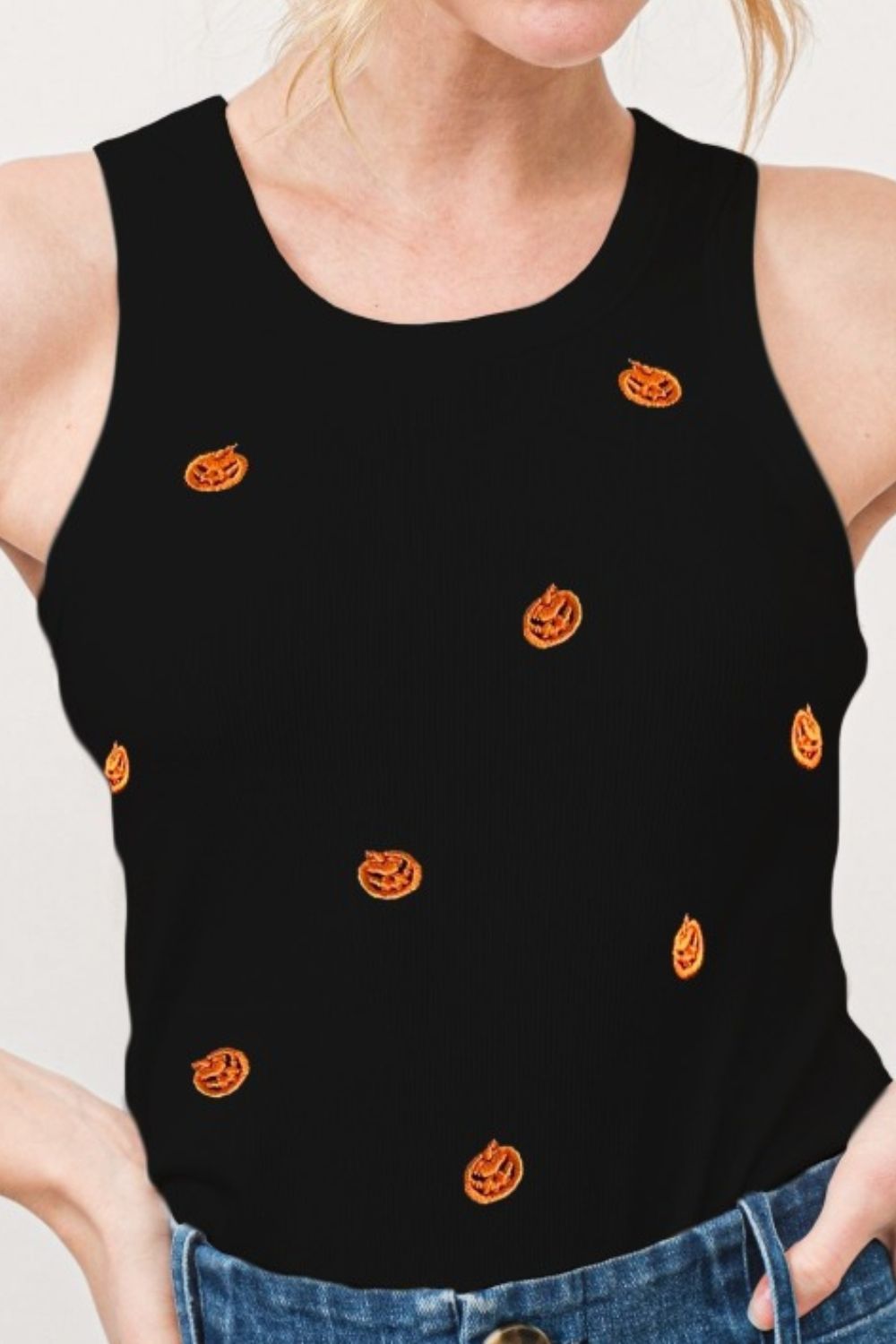 Jack O' Lantern Embroidered Ribbed Tank