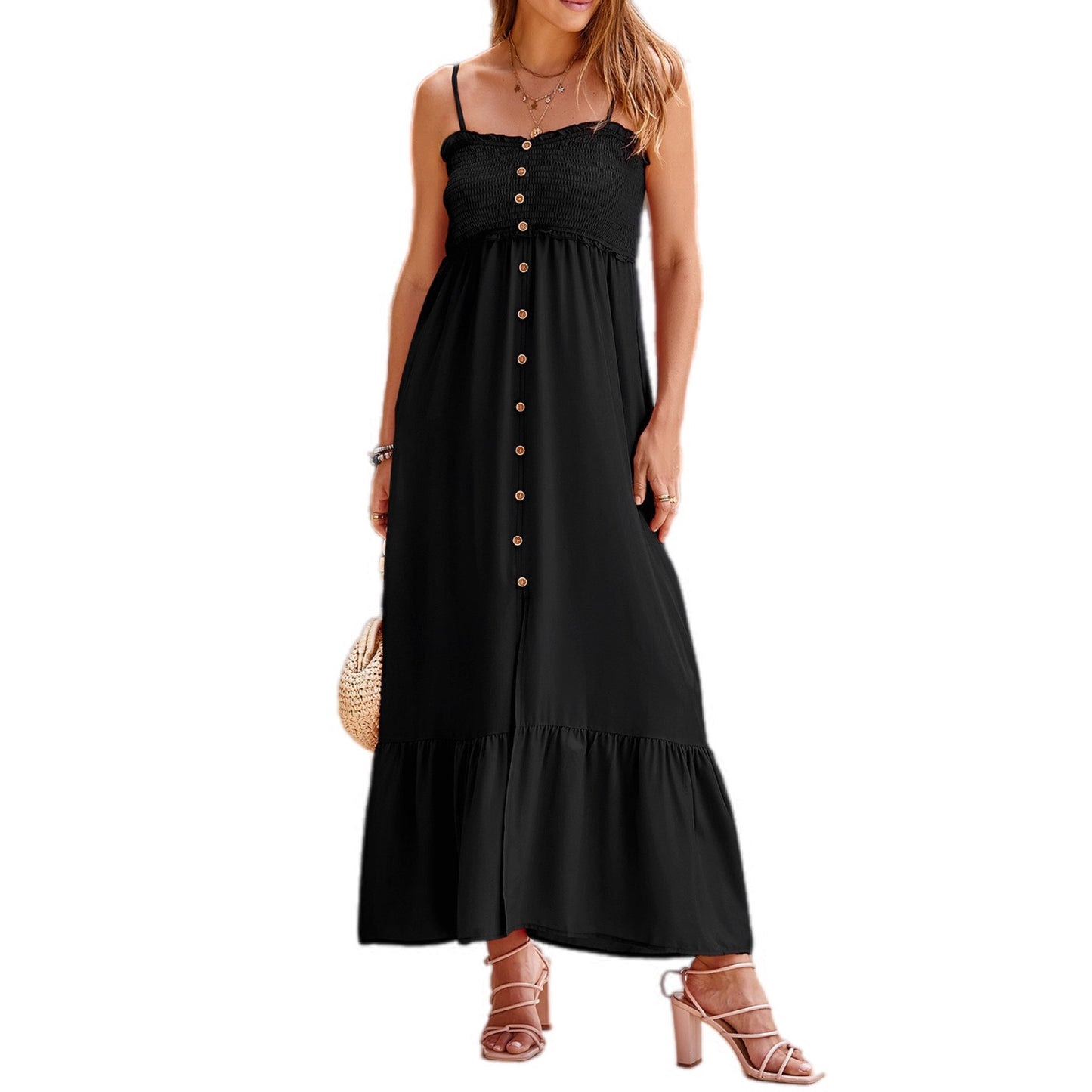 Smocked Bodice Button-Front Maxi Dress