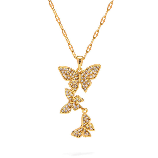 CZ Butterfly Gold Steel Charm Necklace