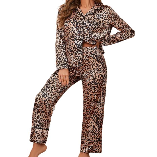 Leopard Button Up Long Sleeve Top & Pants Pajama Set