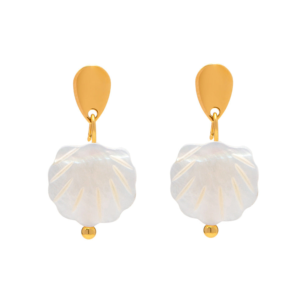 White Shell Gold Steel Dangle Earrings