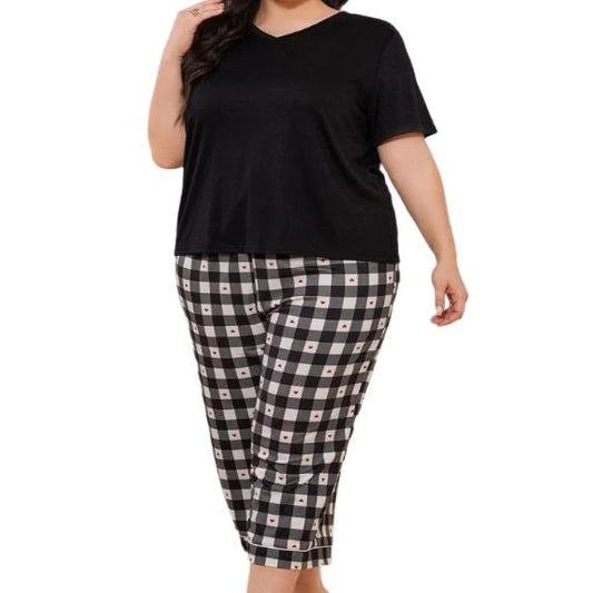 V-Neck Tee & Plaid Cropped Pants Sleep Set