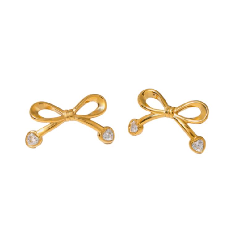 Gold Steel Bow Stud Earrings with CZ