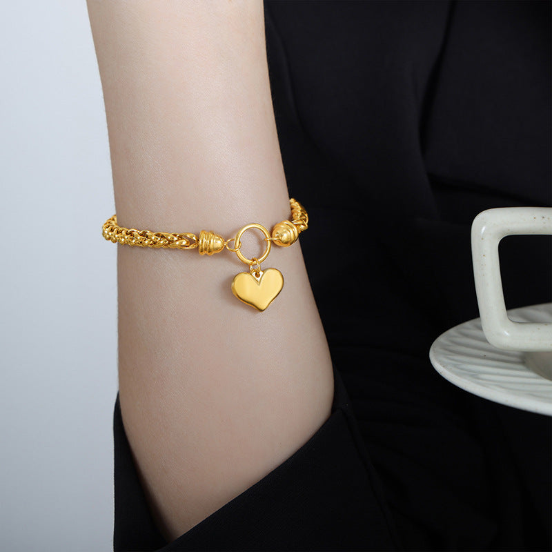 Gold Steel Heart Charm Bracelet