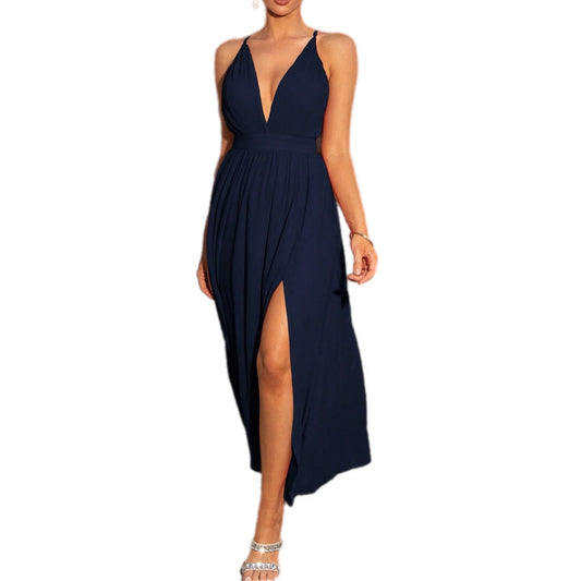 Midnight Elegance Plunging Neckline Slit Maxi Dress