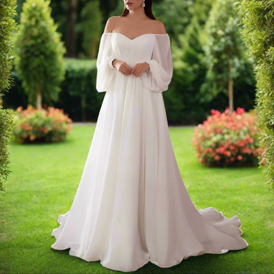 White Off The Shoulder Long Sleeve Wedding Dress