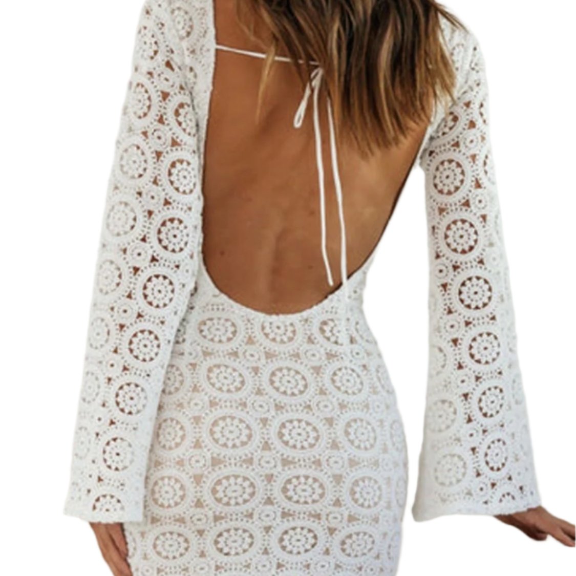 Lace Backless Round Neck Flare Sleeve Dress