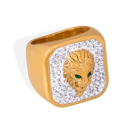 Gold Steel Lion Ring with CZ Accents