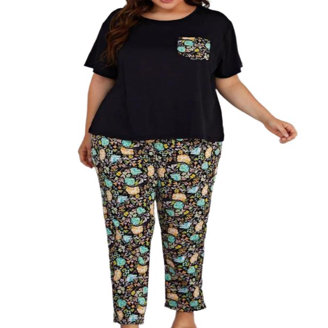 Plus Size Round Neck Tee & Floral Pants Pajama Set