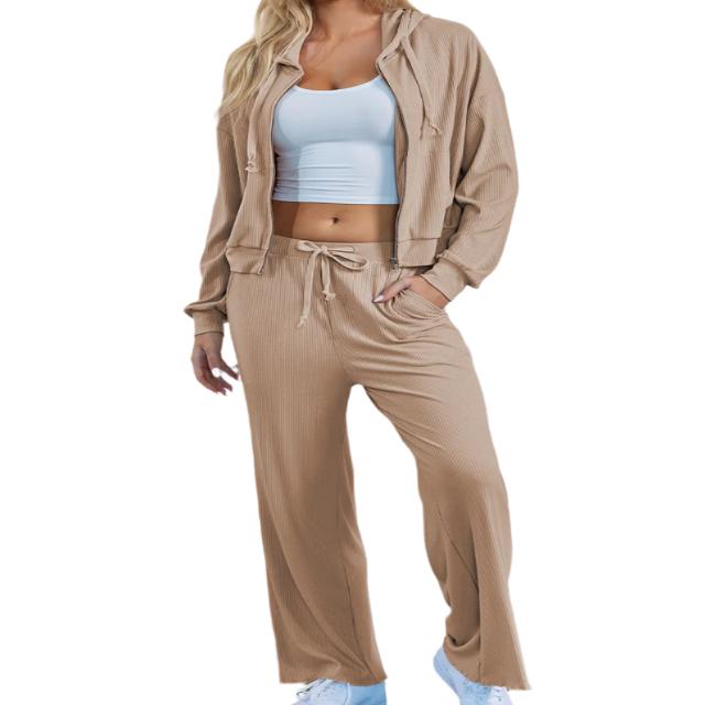 Drawstring Zip Up Hoodie & Pants Active Set