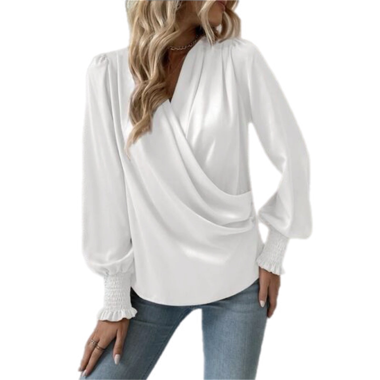 Surplice Smocked Lantern Sleeve Blouse