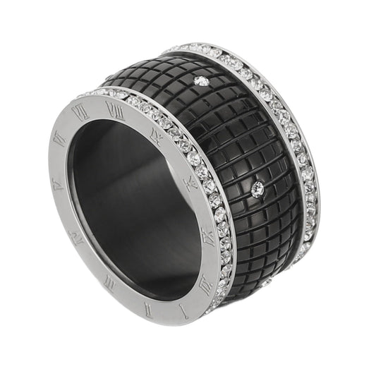 Dazzle Grid Rhinestone Embedded Stainless Steel Ring