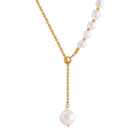 Gold Steel Pearl Lariat Necklace