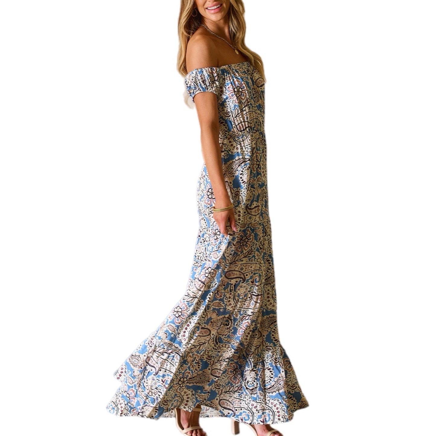 Paisley Print Off-Shoulder Maxi Dress