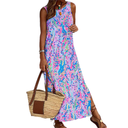 Vibrant Abstract Print Sleeveless Maxi Dress