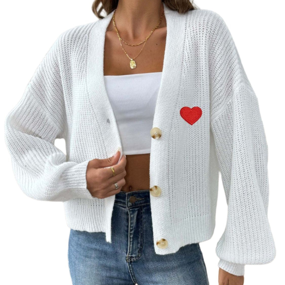 Heart Button Down V-Neck Long Sleeve Cardigan