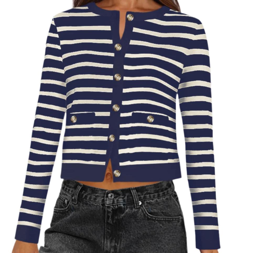 Striped Round Neck Button Up Cardigan