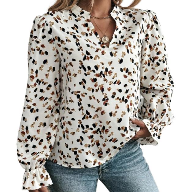 Printed Notched Flounce Sleeve Blouse