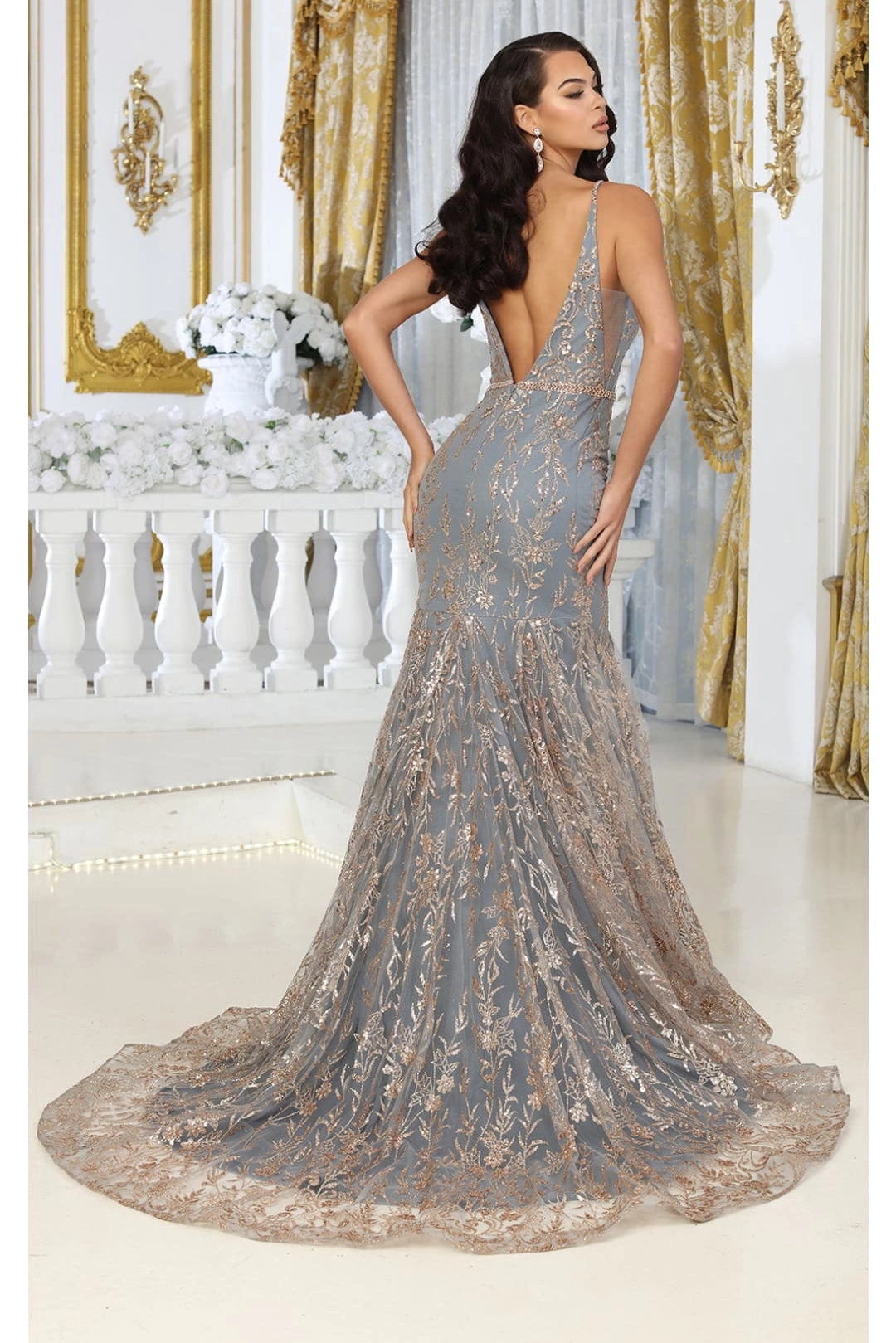 Sleeveless V-Neck Glitter Mermaid Prom Gown