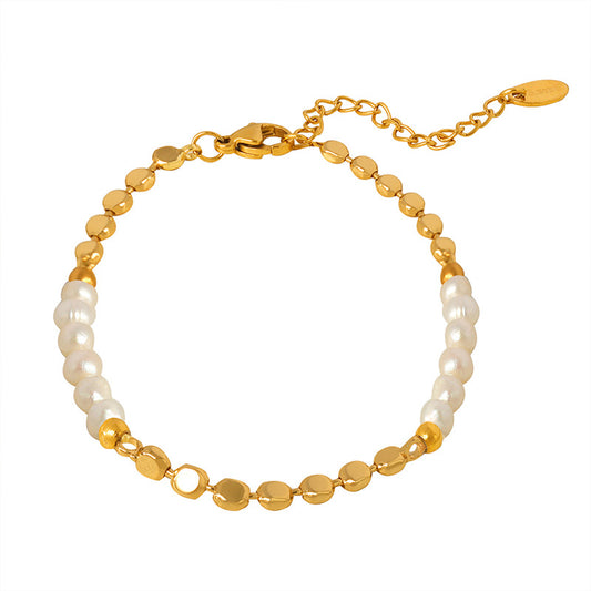 Gold Steel Freshwater Pearl Bracelet