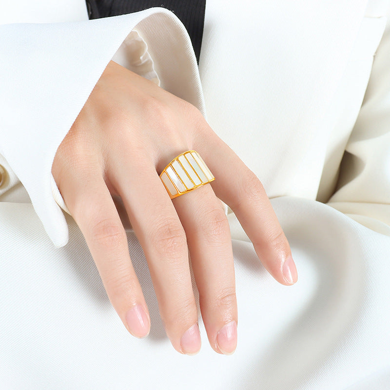 Gold Steel Mother Of Pearl Statement Ring