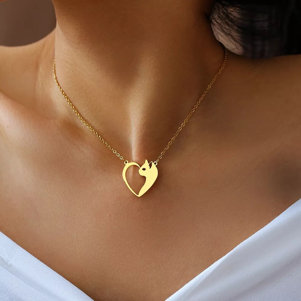 Gold Steel Heart Cat Charm Necklace