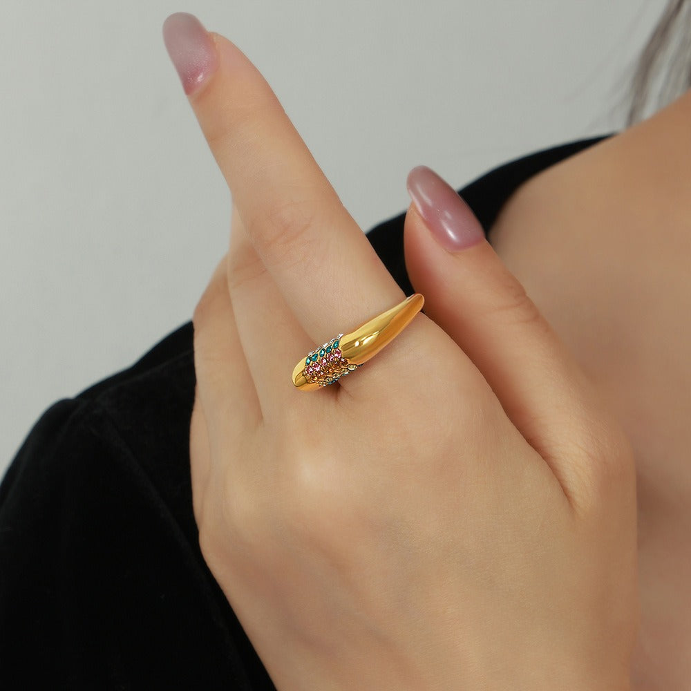 Gold Steel Rainbow CZ Bar Ring