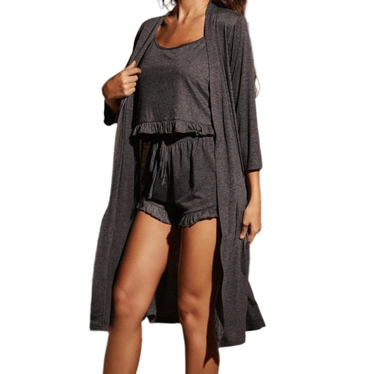 Ruffle Hem Cami, Drawstring Shorts & Cardigan Sleep Set