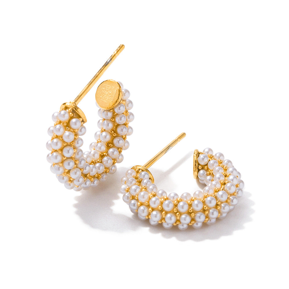 Gold Steel Pearl Hoop Earrings