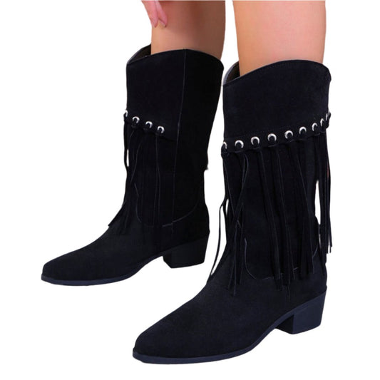 Fringe Suede Block Heel Boots