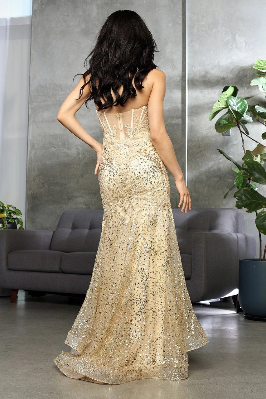 Glitter Embellished Strapless Evening Gown