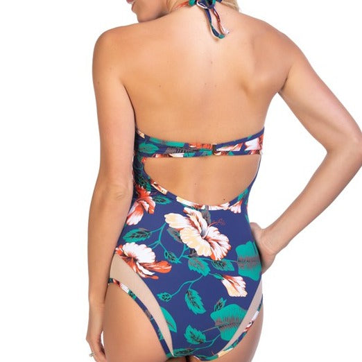 Navy Floral Mesh Inserts One Piece Swimsuit