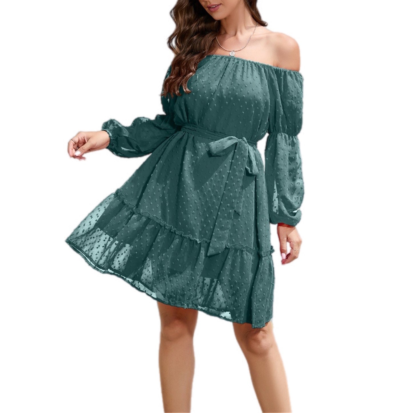 Swiss Dot Off-Shoulder Balloon Sleeve Dress