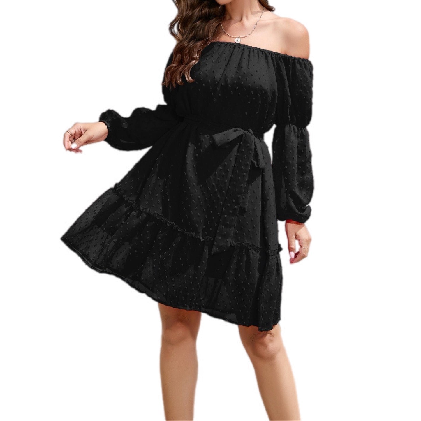 Swiss Dot Off-Shoulder Balloon Sleeve Dress