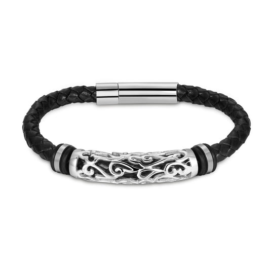 Black Braided Leather Stainless Steel Bracelet