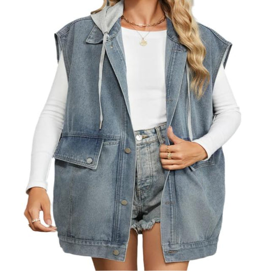 Removable Hood Button Up Denim Vest