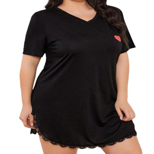 Plus Size Lace Trim V-Neck Short Sleeve Night Dress