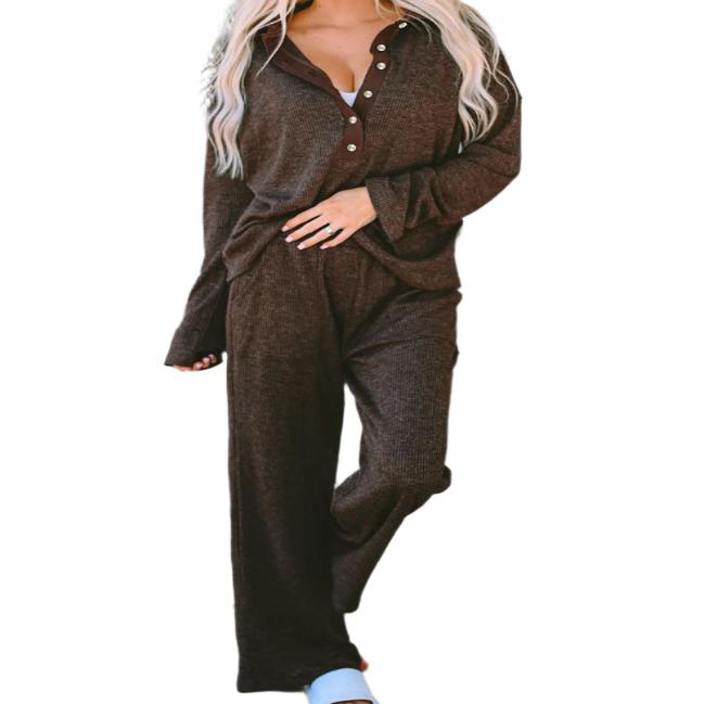 Buttoned Long Sleeve Top & Long Pants Lounge Set