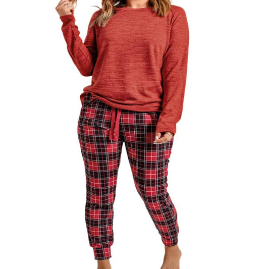 Round Neck Top & Drawstring Plaid Pants Sleep Set