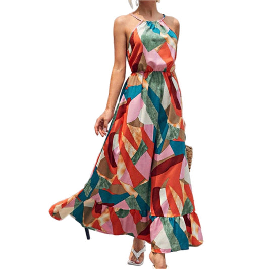 Abstract Halter Neck Maxi Dress