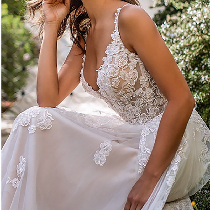 Deep V Floral Wedding Dress