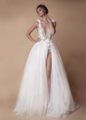 Beaded Deep V Wedding Gown with High Slit