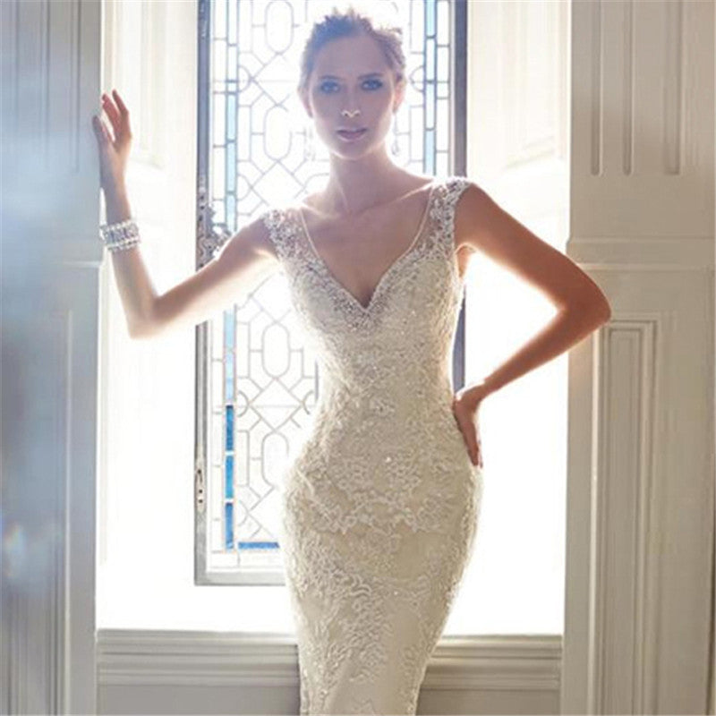 White V-Neck Lace Bridal Gown