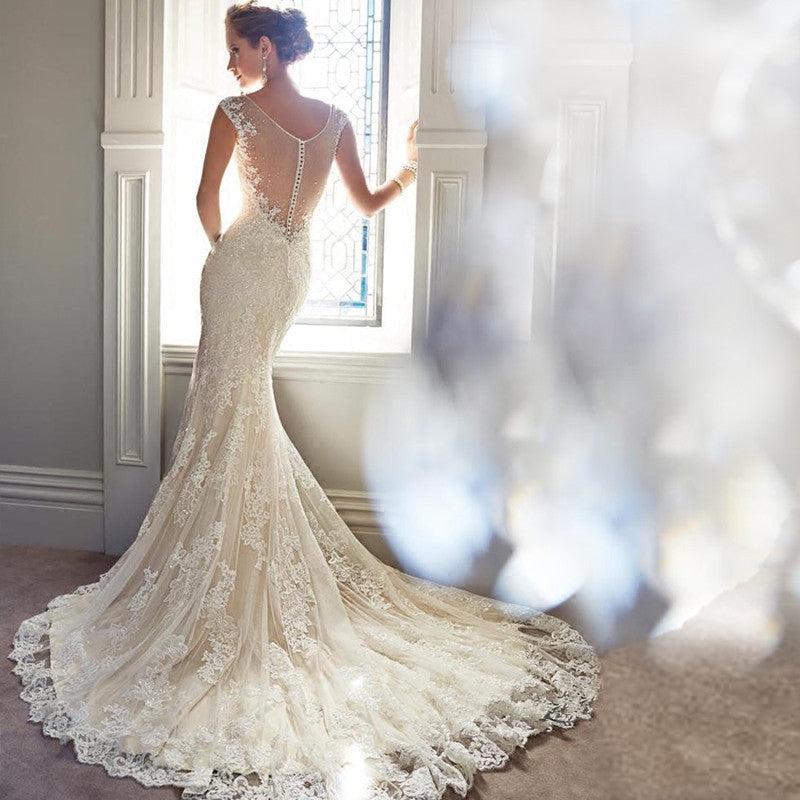 White V-Neck Lace Bridal Gown