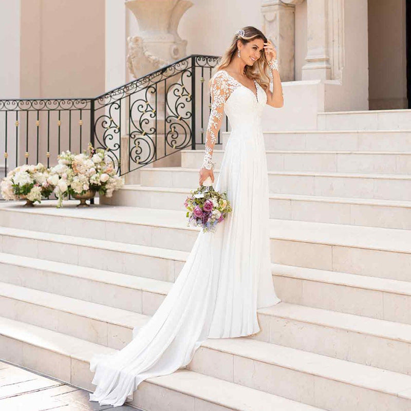 Deep V Long Sleeve Wedding Dress