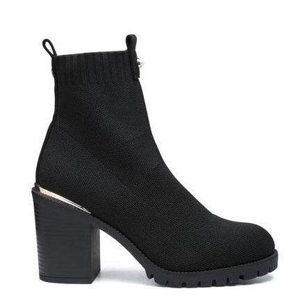 Black Knitted Block Heeled Ankle Boot