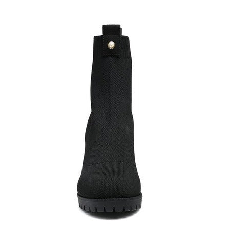 Black Knitted Block Heeled Ankle Boot